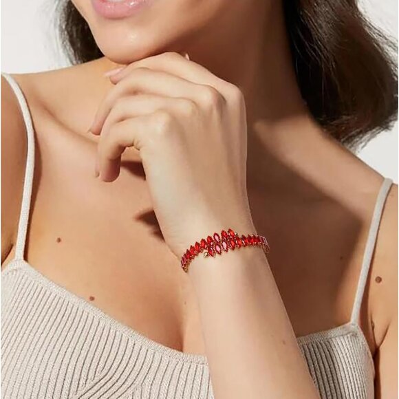 Gold Red Rhinestone Cuff Bracelet Cubic Zirconia Tennis Bracelets for Women - Picture 2 of 7